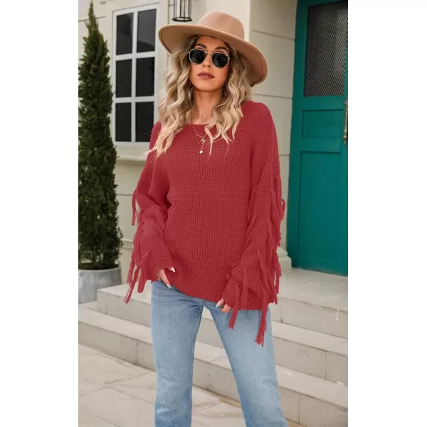 chouyatou Womens Fall Fringed Sleeve Oversized Pullover Sweater Fashion Knitted Fringe TopRust Red