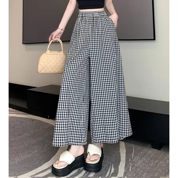 chouyatou Womens Plaid Wide Leg Cropped Culotte Pants High Waisted Striped Palazzo Pants with PocketsBlack Plaid