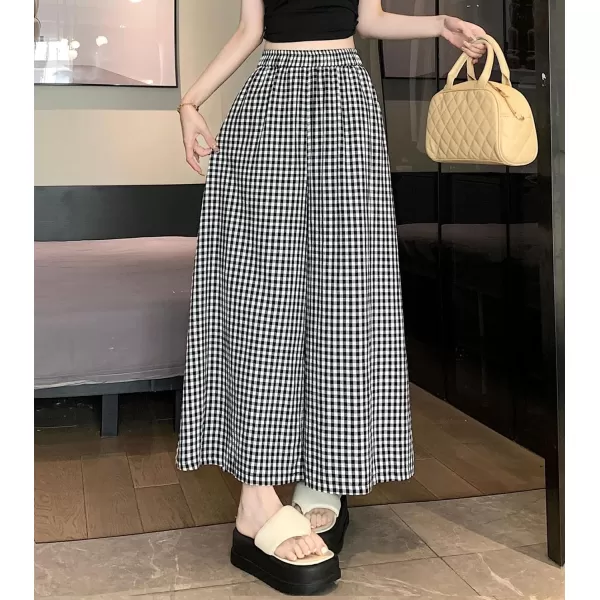 chouyatou Womens Plaid Wide Leg Cropped Culotte Pants High Waisted Striped Palazzo Pants with PocketsBlack Plaid