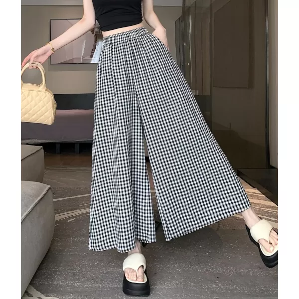 chouyatou Womens Plaid Wide Leg Cropped Culotte Pants High Waisted Striped Palazzo Pants with PocketsBlack Plaid