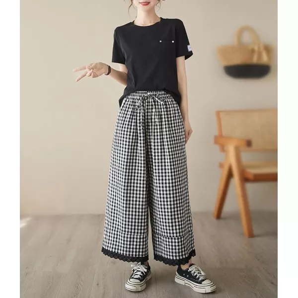 chouyatou Womens Plaid Wide Leg Lace Trim Capri Pants High Elastic Waist Palazzo Pants Culottes with PocketsLarge Check