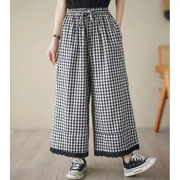 chouyatou Womens Plaid Wide Leg Lace Trim Capri Pants High Elastic Waist Palazzo Pants Culottes with PocketsLarge Check