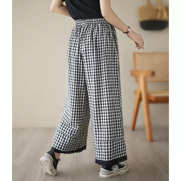 chouyatou Womens Plaid Wide Leg Lace Trim Capri Pants High Elastic Waist Palazzo Pants Culottes with PocketsLarge Check