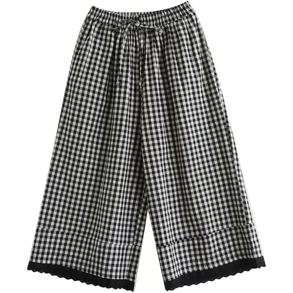 chouyatou Womens Plaid Wide Leg Lace Trim Capri Pants High Elastic Waist Palazzo Pants Culottes with PocketsLarge Check