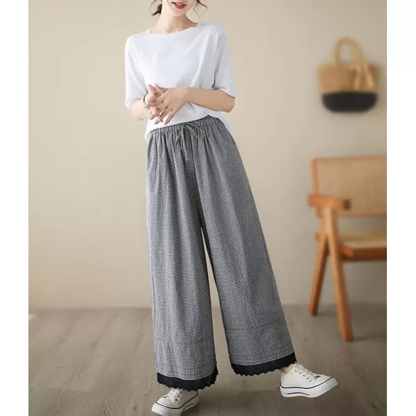 chouyatou Womens Plaid Wide Leg Lace Trim Capri Pants High Elastic Waist Palazzo Pants Culottes with PocketsSmall Check