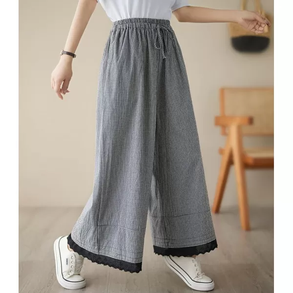 chouyatou Womens Plaid Wide Leg Lace Trim Capri Pants High Elastic Waist Palazzo Pants Culottes with PocketsSmall Check