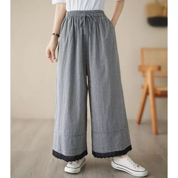 chouyatou Womens Plaid Wide Leg Lace Trim Capri Pants High Elastic Waist Palazzo Pants Culottes with PocketsSmall Check