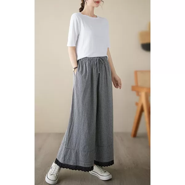 chouyatou Womens Plaid Wide Leg Lace Trim Capri Pants High Elastic Waist Palazzo Pants Culottes with PocketsSmall Check