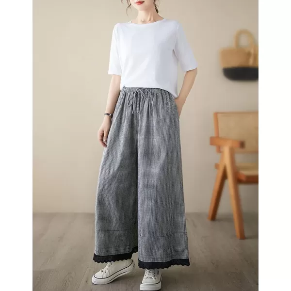 chouyatou Womens Plaid Wide Leg Lace Trim Capri Pants High Elastic Waist Palazzo Pants Culottes with PocketsSmall Check