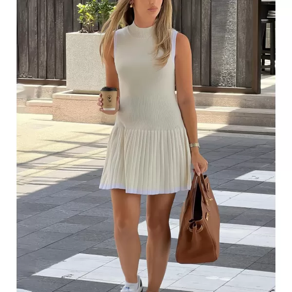 chouyatou Womens Pleated Hem Bodycon Sweater Tank Dress Contrast Striped Ribbed Knit Sweater Mini DressApricot