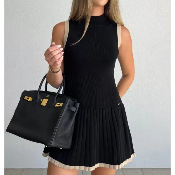chouyatou Womens Pleated Hem Bodycon Sweater Tank Dress Contrast Striped Ribbed Knit Sweater Mini DressBlack