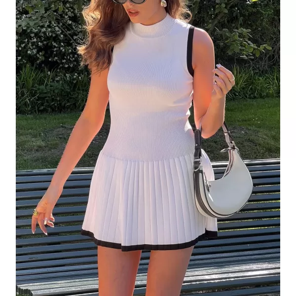 chouyatou Womens Pleated Hem Bodycon Sweater Tank Dress Contrast Striped Ribbed Knit Sweater Mini DressWhite