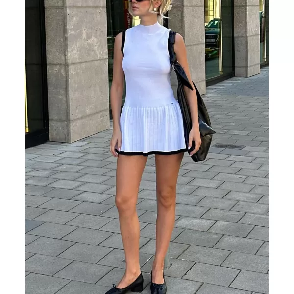chouyatou Womens Pleated Hem Bodycon Sweater Tank Dress Contrast Striped Ribbed Knit Sweater Mini DressWhite