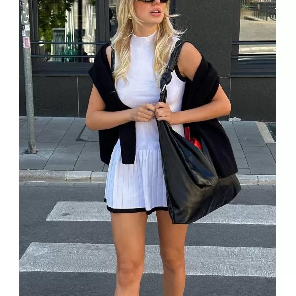 chouyatou Womens Pleated Hem Bodycon Sweater Tank Dress Contrast Striped Ribbed Knit Sweater Mini DressWhite