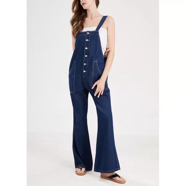 chouyatou Womens Summer Casual Adjustable Strap Denim Jumpsuit Loose Fit Wide Leg Stretch Bib Jean OverallsDark Blue