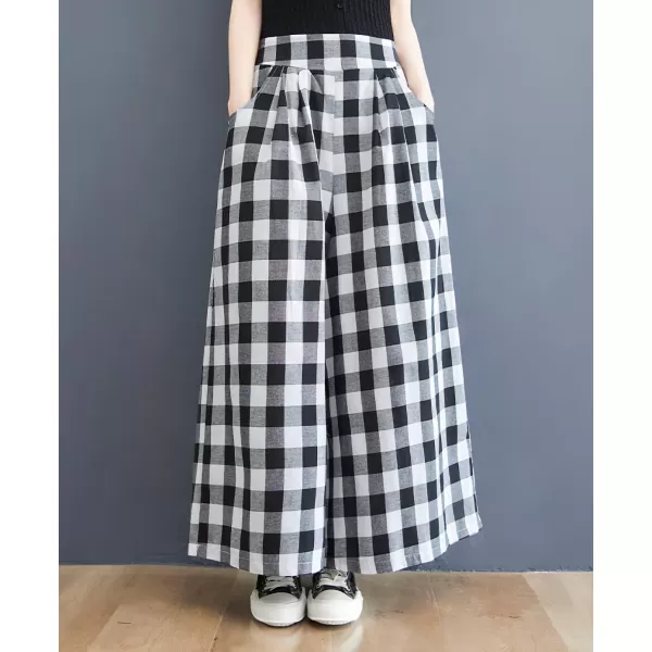 chouyatou Womens Summer Casual Cotton Culottes Plaid Pants Gingham Wide Leg Palazzo TrousersBig Plaid