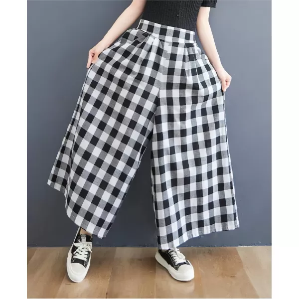 chouyatou Womens Summer Casual Cotton Culottes Plaid Pants Gingham Wide Leg Palazzo TrousersBig Plaid