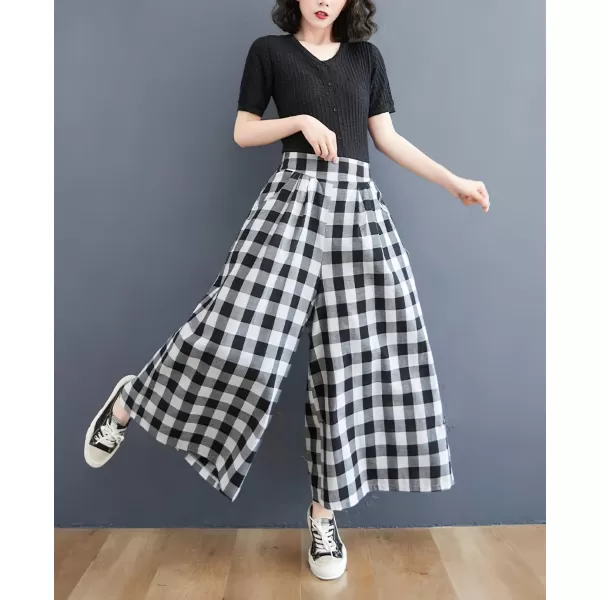 chouyatou Womens Summer Casual Cotton Culottes Plaid Pants Gingham Wide Leg Palazzo TrousersBig Plaid