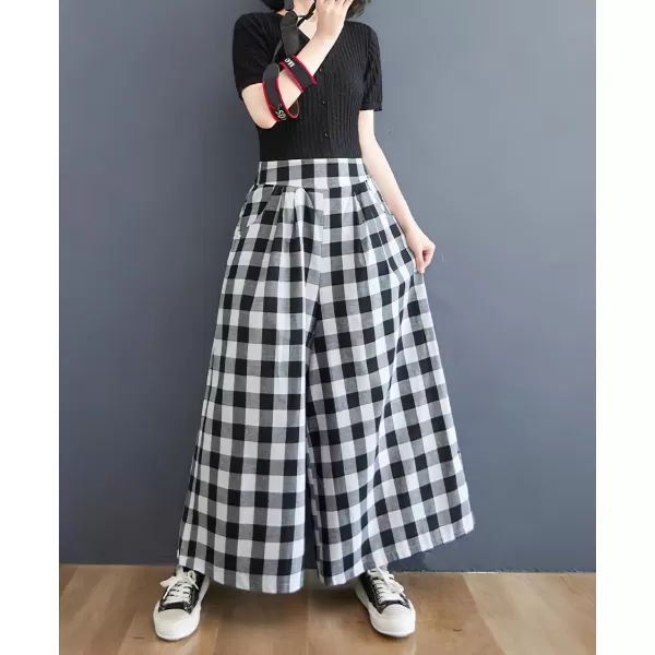 chouyatou Womens Summer Casual Cotton Culottes Plaid Pants Gingham Wide Leg Palazzo TrousersBig Plaid