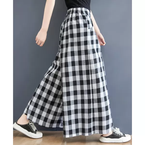 chouyatou Womens Summer Casual Cotton Culottes Plaid Pants Gingham Wide Leg Palazzo TrousersBig Plaid