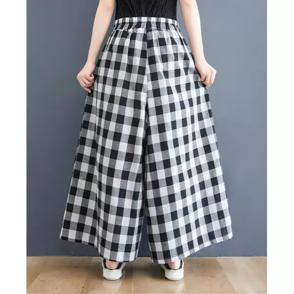 chouyatou Womens Summer Casual Cotton Culottes Plaid Pants Gingham Wide Leg Palazzo TrousersBig Plaid