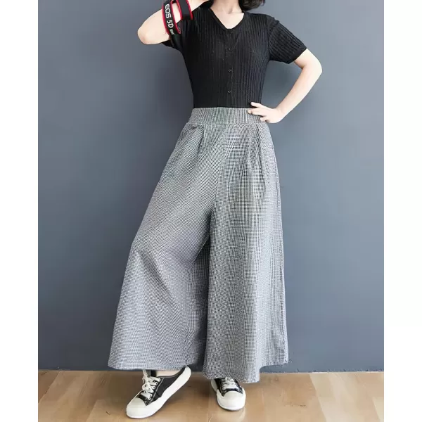 chouyatou Womens Summer Casual Cotton Culottes Plaid Pants Gingham Wide Leg Palazzo TrousersSmall Plaid