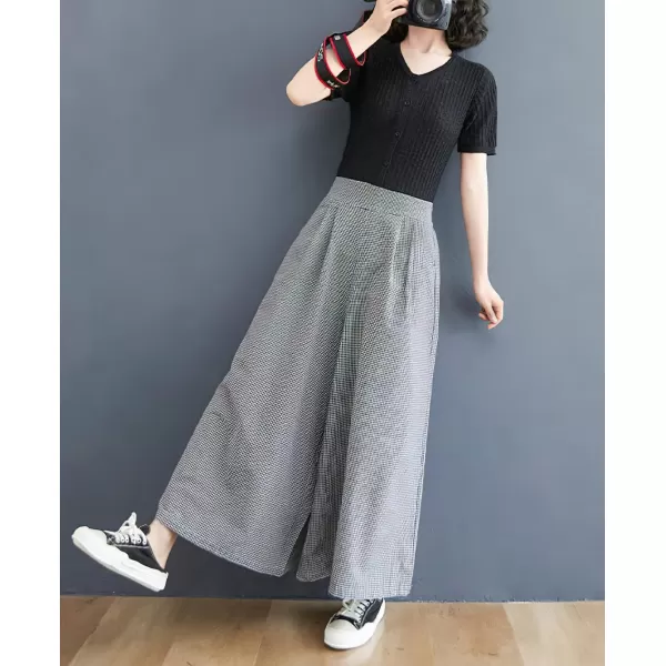 chouyatou Womens Summer Casual Cotton Culottes Plaid Pants Gingham Wide Leg Palazzo TrousersSmall Plaid