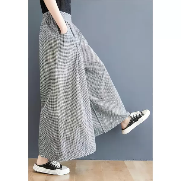 chouyatou Womens Summer Casual Cotton Culottes Plaid Pants Gingham Wide Leg Palazzo TrousersSmall Plaid