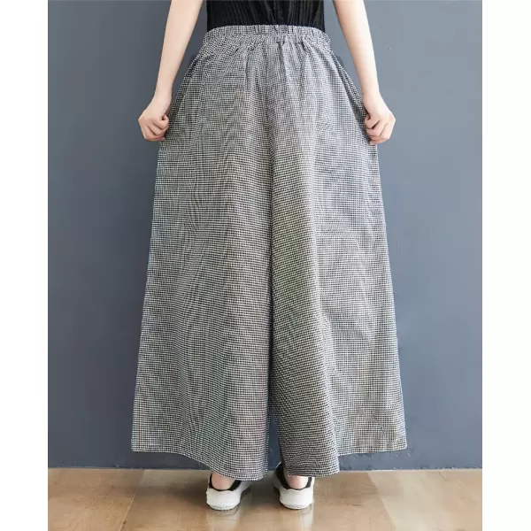chouyatou Womens Summer Casual Cotton Culottes Plaid Pants Gingham Wide Leg Palazzo TrousersSmall Plaid