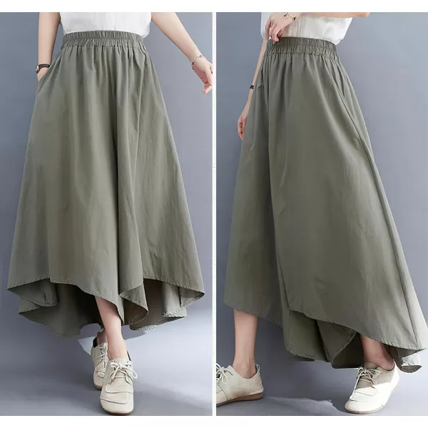 chouyatou Womens Summer Casual High Low Culottes Flowy Pants High Waist Wide Leg Capri Palazzo TrousersArmy Green