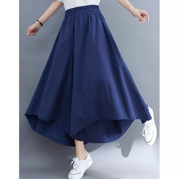chouyatou Womens Summer Casual High Low Culottes Flowy Pants High Waist Wide Leg Capri Palazzo TrousersNavy Blue