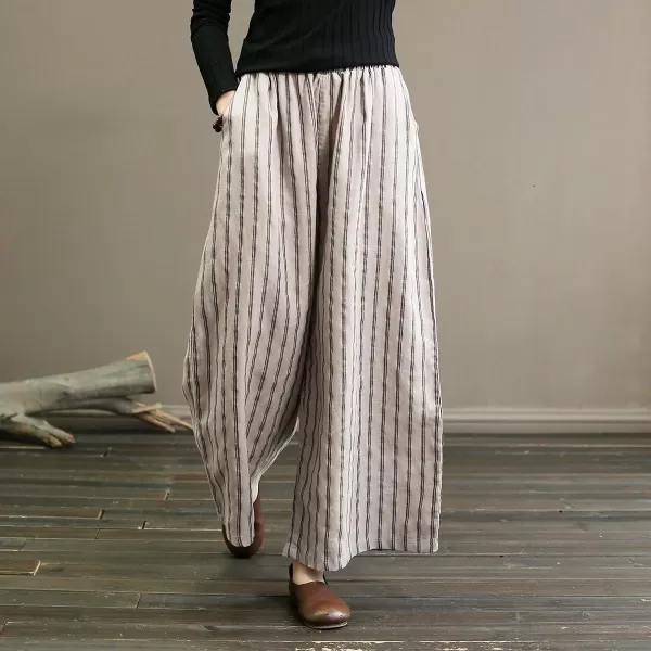 chouyatou Womens Summer Casual Striped Linen Pants Culottes Cotton Wide Leg Cropped Palazzo PantsBeige
