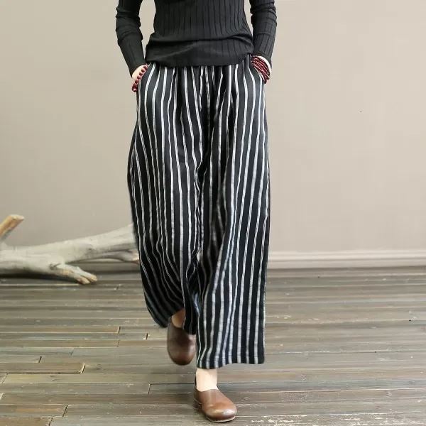 chouyatou Womens Summer Casual Striped Linen Pants Culottes Cotton Wide Leg Cropped Palazzo PantsBlack