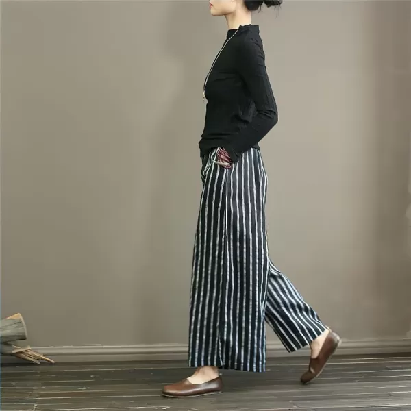 chouyatou Womens Summer Casual Striped Linen Pants Culottes Cotton Wide Leg Cropped Palazzo PantsBlack