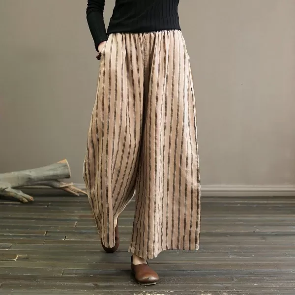 chouyatou Womens Summer Casual Striped Linen Pants Culottes Cotton Wide Leg Cropped Palazzo PantsKhaki