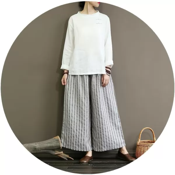 chouyatou Womens Summer Casual Striped Linen Pants Culottes Cotton Wide Leg Cropped Palazzo PantsWhite
