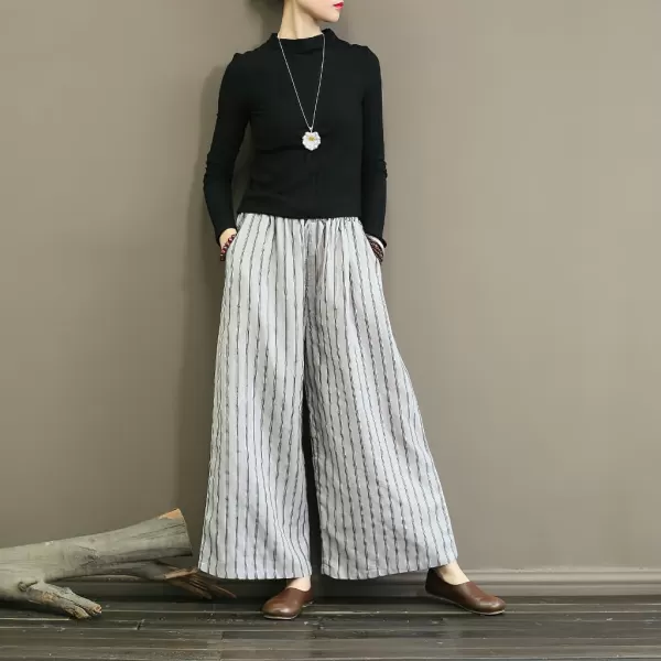chouyatou Womens Summer Casual Striped Linen Pants Culottes Cotton Wide Leg Cropped Palazzo PantsWhite