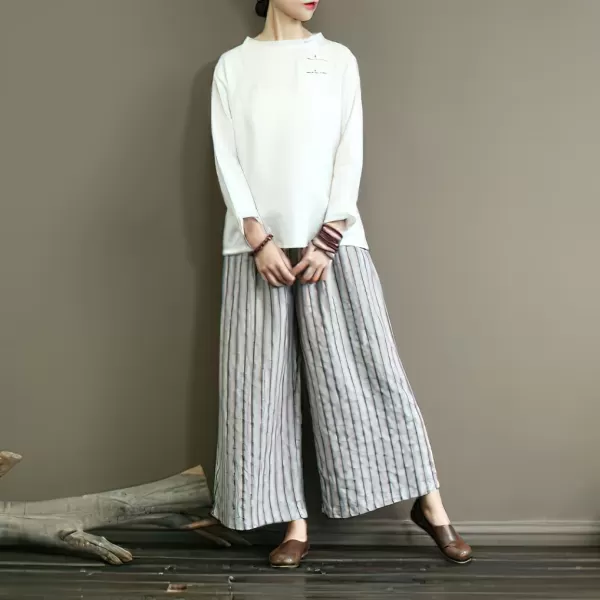 chouyatou Womens Summer Casual Striped Linen Pants Culottes Cotton Wide Leg Cropped Palazzo PantsWhite