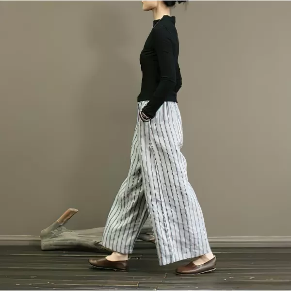 chouyatou Womens Summer Casual Striped Linen Pants Culottes Cotton Wide Leg Cropped Palazzo PantsWhite