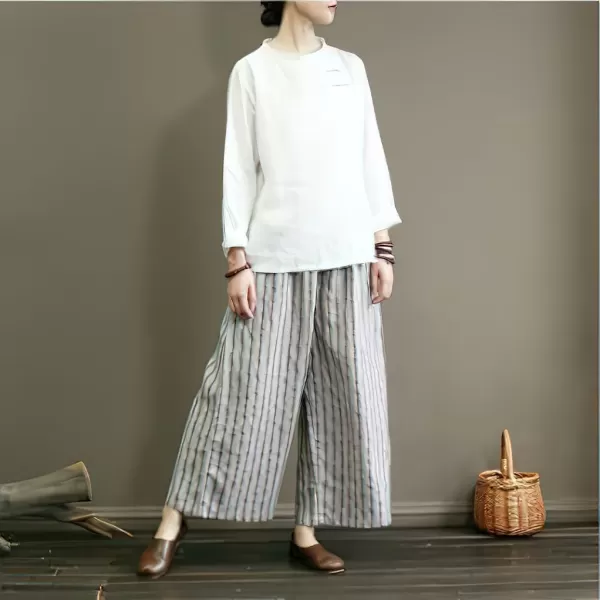 chouyatou Womens Summer Casual Striped Linen Pants Culottes Cotton Wide Leg Cropped Palazzo PantsWhite