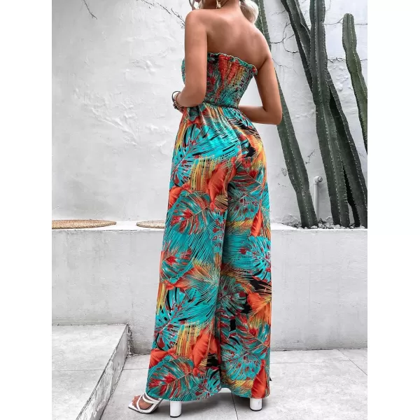 chouyatou Womens Tropical Wide leg Smocked Jumpsuit Floral Print Strapless Bandeau Vacation Romper PantsBlue
