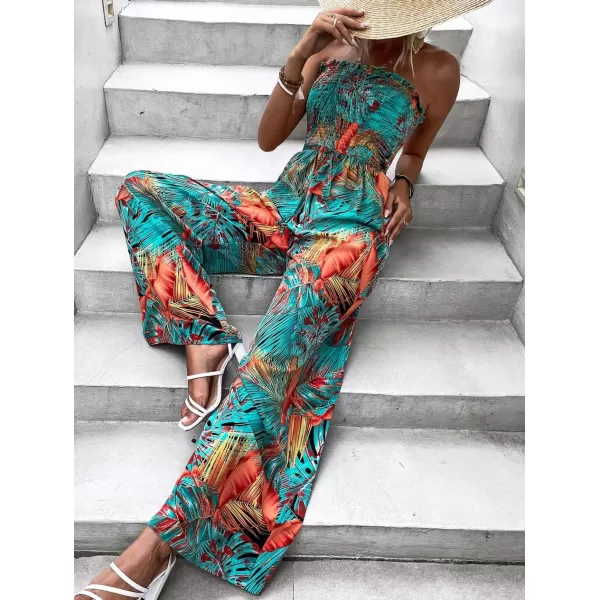chouyatou Womens Tropical Wide leg Smocked Jumpsuit Floral Print Strapless Bandeau Vacation Romper PantsBlue