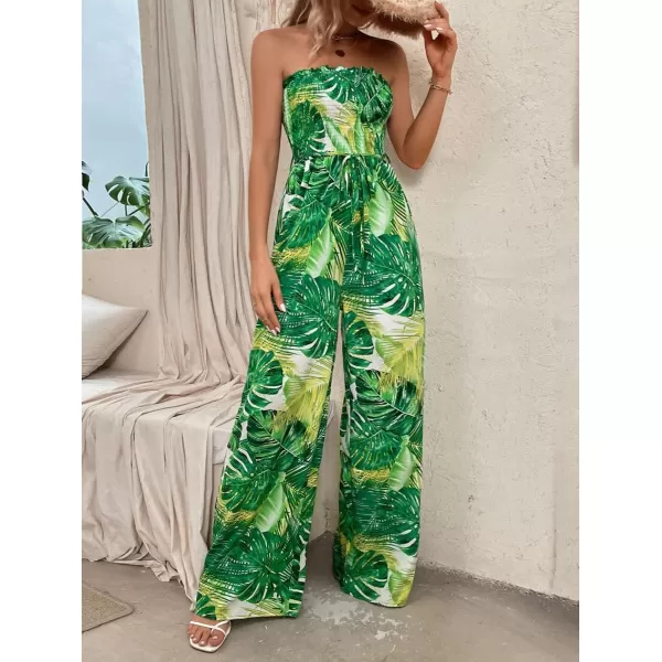 chouyatou Womens Tropical Wide leg Smocked Jumpsuit Floral Print Strapless Bandeau Vacation Romper PantsGreen
