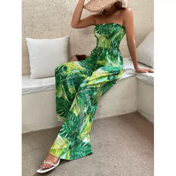 chouyatou Womens Tropical Wide leg Smocked Jumpsuit Floral Print Strapless Bandeau Vacation Romper PantsGreen