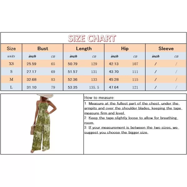 chouyatou Womens Tropical Wide leg Smocked Jumpsuit Floral Print Strapless Bandeau Vacation Romper PantsGreen