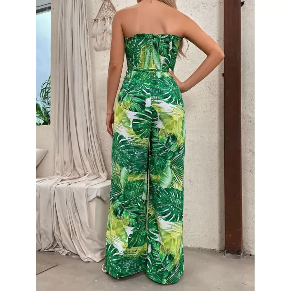 chouyatou Womens Tropical Wide leg Smocked Jumpsuit Floral Print Strapless Bandeau Vacation Romper PantsGreen