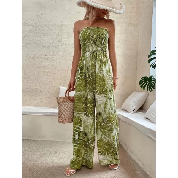 chouyatou Womens Tropical Wide leg Smocked Jumpsuit Floral Print Strapless Bandeau Vacation Romper PantsYellow