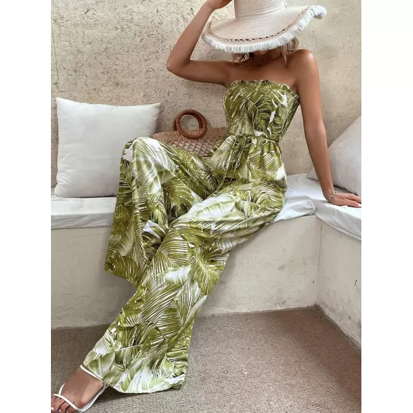 chouyatou Womens Tropical Wide leg Smocked Jumpsuit Floral Print Strapless Bandeau Vacation Romper PantsYellow