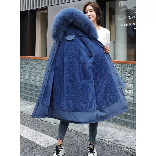 chouyatou Womens Windproof Sherpa Lined Long Winter Parka Coat Faux Fur HoodBlue