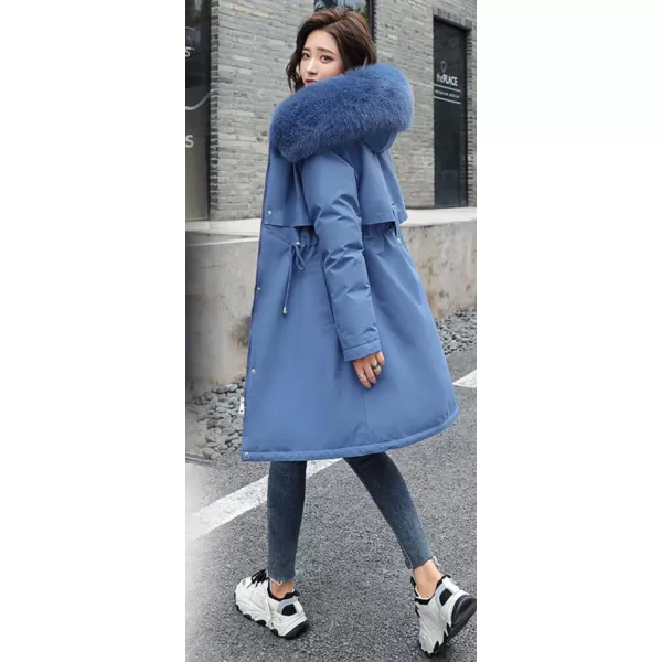 chouyatou Womens Windproof Sherpa Lined Long Winter Parka Coat Faux Fur HoodBlue